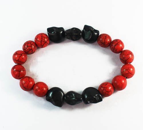 Turquoise Black Skull Bead Red Veins Ball Beads Stretch Bracelet ZZ2555