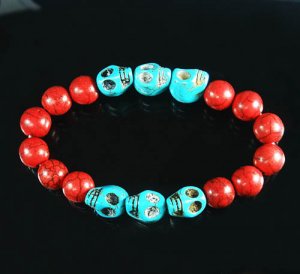 Turquoise Baby Blue Skull Bead Red Veins Ball Beads Stretch Bracelet ZZ2557