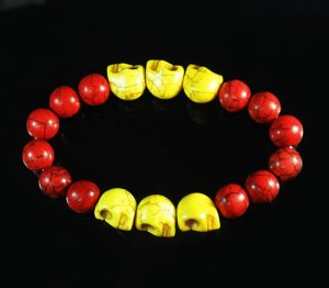 Turquoise Yellow Skull Bead Red Veins Ball Beads Stretch Bracelet ZZ2558
