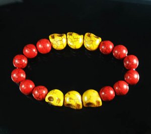 Turquoise Yellow Skull Bead Red Veins Ball Beads Stretch Bracelet ZZ2560
