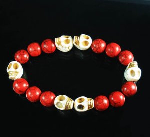 Turquoise White Skull Bead Red Veins Ball Beads Stretch Bracelet ZZ2562