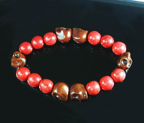 Turquoise Brown Skull Bead Red Veins Ball Beads Stretch Bracelet ZZ2563