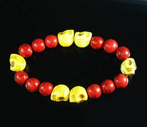 Turquoise Yellow Skull Bead Red Veins Ball Beads Stretch Bracelet ZZ2564