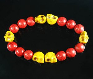 Turquoise Yellow Skull Bead Red Veins Ball Beads Stretch Bracelet ZZ2566