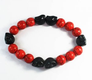Turquoise Black Skull Bead Red Veins Ball Beads Stretch Bracelet ZZ2567