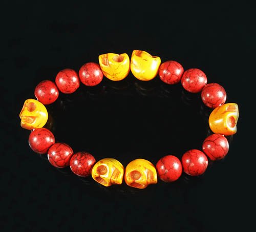 Turquoise Orange Skull Bead Red Veins Ball Beads Stretch Bracelet ZZ2568