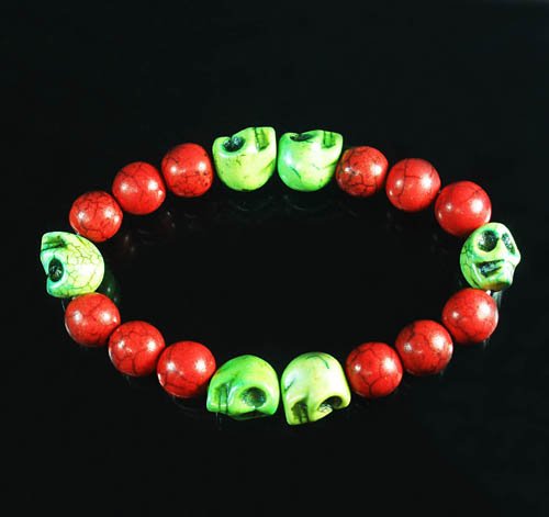 Turquoise Green Skull Bead Red Veins Ball Beads Stretch Bracelet ZZ2569