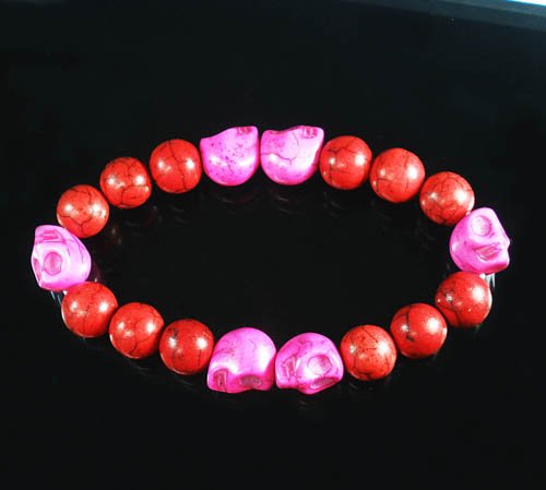 Turquoise Hot Pink Skull Bead Red Veins Ball Beads Stretch Bracelet ZZ2570