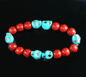 Turquoise Baby Blue Skull Bead Red Veins Ball Beads Stretch Bracelet ZZ2571