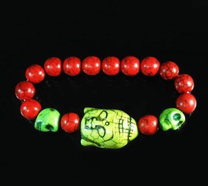 Turquoise Green Buddha Skull Beads Red Veins Ball Beads Stretch Bracelet ZZ2574