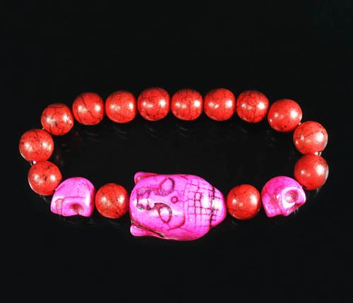 Turquoise Hot Pink Buddha Skull Beads Red Veins Ball Beads Stretch Bracelet ZZ2575