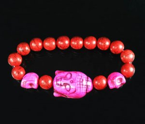 Turquoise Hot Pink Buddha Skull Beads Red Veins Ball Beads Stretch Bracelet ZZ2575
