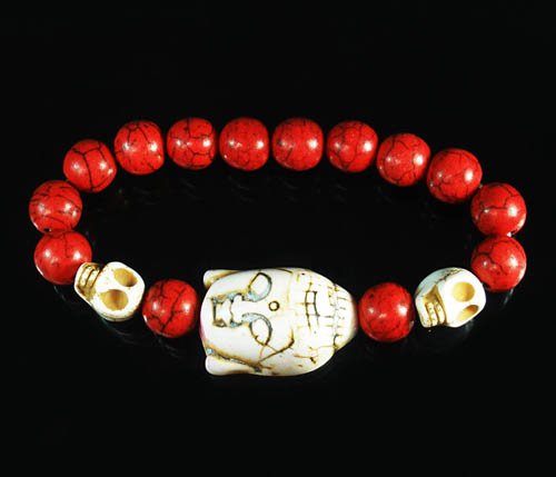 Turquoise White Buddha Skull Beads Red Veins Ball Beads Stretch Bracelet ZZ2576