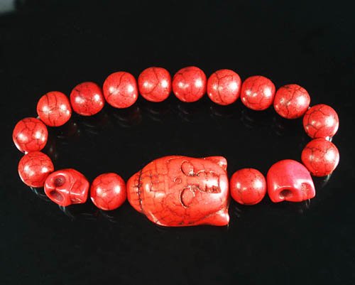Turquoise Red Buddha Skull Beads Red Veins Ball Beads Stretch Bracelet ZZ2577
