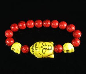 Turquoise Yellow Buddha Skull Beads Red Veins Ball Beads Stretch Bracelet ZZ2578