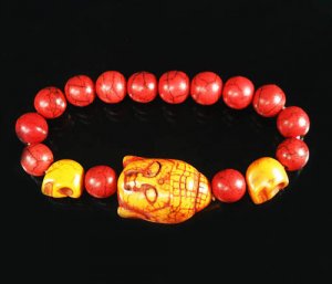 Turquoise Orange Buddha Skull Beads Red Veins Ball Beads Stretch Bracelet ZZ2579