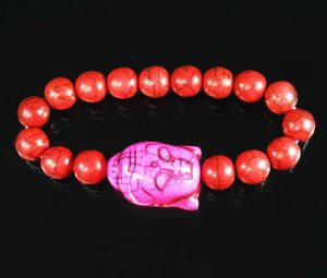 Turquoise Hot Pink Buddha Bead Red Veins Ball Beads Stretch Bracelet ZZ2584