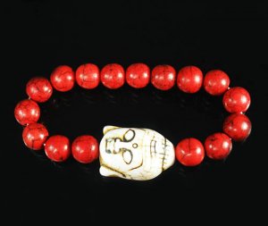 Turquoise White Buddha Bead Red Veins Ball Beads Stretch Bracelet ZZ2586