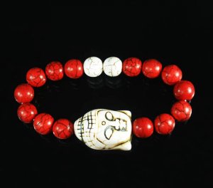 Turquoise White Buddha Bead Red White Veins Ball Beads Stretch Bracelet ZZ2587