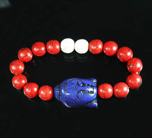 Turquoise Blue-Purple Buddha Bead Red White Veins Ball Beads Stretch Bracelet ZZ2589