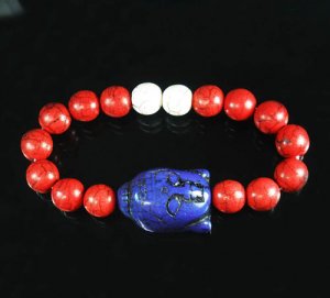 Turquoise Blue-Purple Buddha Bead Red White Veins Ball Beads Stretch Bracelet ZZ2589