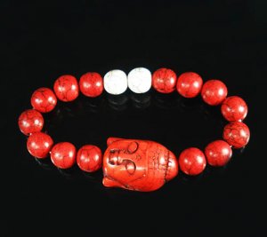Turquoise Red Buddha Bead Red White Veins Ball Beads Stretch Bracelet ZZ2590