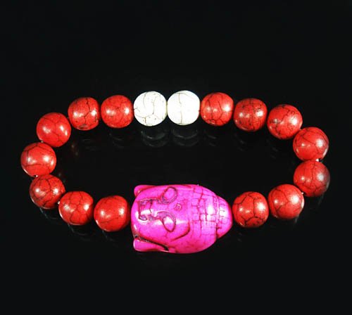 Turquoise Hot Pink Buddha Bead Red White Veins Ball Beads Stretch Bracelet ZZ2592