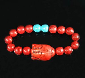Turquoise Red Buddha Bead Red Blue Veins Ball Beads Stretch Bracelet ZZ2595