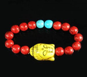 Turquoise Yellow Buddha Bead Red Blue Veins Ball Beads Stretch Bracelet ZZ2596
