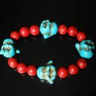 Turquoise Baby Blue Buddha Bead Red Veins Ball Beads Prayer Mala Stretch Bracelet ZZ2605