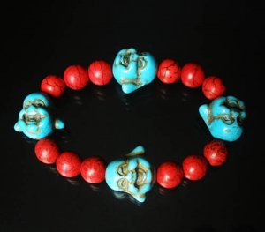 Turquoise Baby Blue Buddha Bead Red Veins Ball Beads Prayer Mala Stretch Bracelet ZZ2605