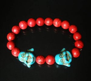 Turquoise Baby Blue Buddha Bead Red Veins Ball Beads Prayer Mala Stretch Bracelet ZZ2606