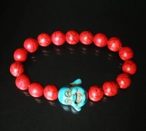 Turquoise Baby Blue Buddha Bead Red Veins Ball Beads Prayer Mala Stretch Bracelet ZZ2607
