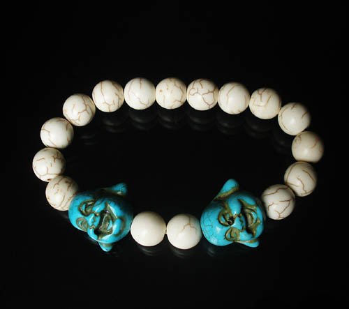 Turquoise Baby Blue Buddha Bead White Veins Ball Beads Prayer Mala Stretch Bracelet ZZ2609