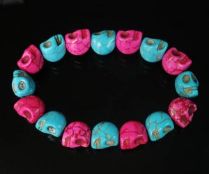 Wholesale 12pcs New Twin Color Turquoise Hot Pink Black Skull Bead Beads Stretch Bracelet ZZ2264
