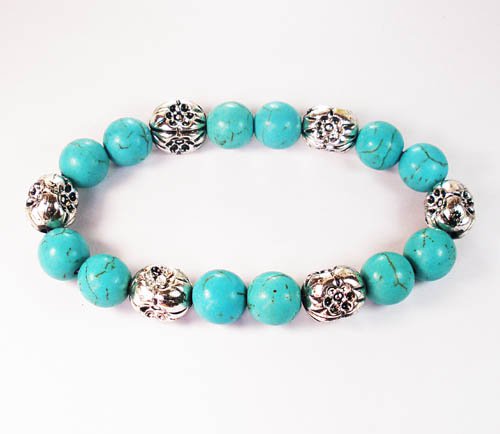Wholesale 12pcs Silvery Plated Resin Bead Turquoise White Bead Stretch Bracelet ZZ2120