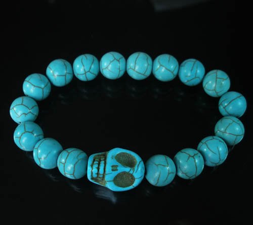 Wholesale 12pcs Turquoise Baby Blue Skull Bead Baby Blue Veins Ball Beads Stretch Bracelet ZZ226