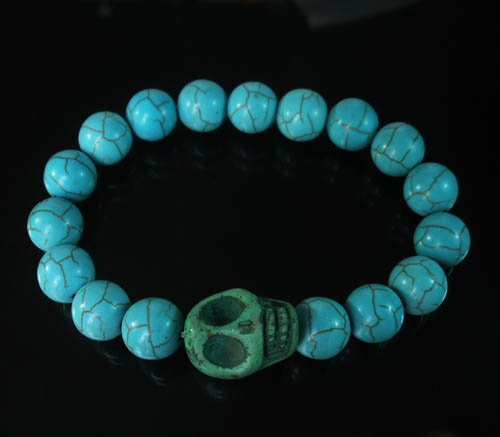 Wholesale 12pcs Turquoise Green Skull Bead Baby Blue Veins Ball Beads Stretch Bracelet ZZ228