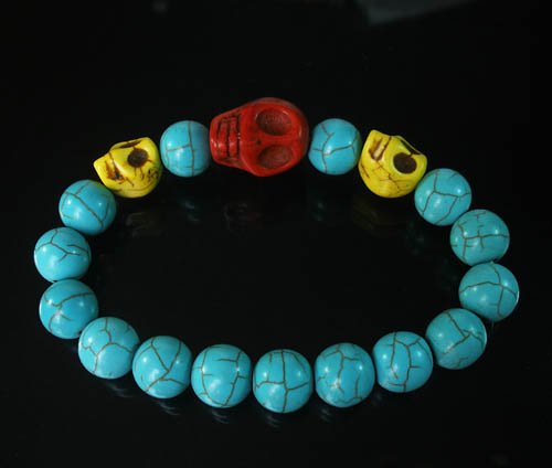 Wholesale 12pcs Turquoise Red Yellow Skull Bead Baby Blue Veins Ball Beads Stretch Bracelet ZZ241