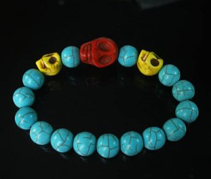 Wholesale 12pcs Turquoise Red Yellow Skull Bead Baby Blue Veins Ball Beads Stretch Bracelet ZZ241