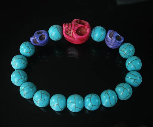 Wholesale 12pcs Turquoise Hot Pink Purple Skull Bead Baby Blue Veins Ball Stretch Bracelet ZZ243