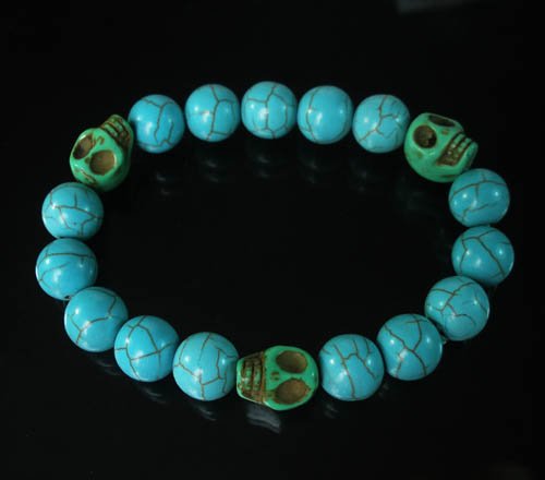 Wholesale 12pcs Turquoise Green Skull Bead Baby Blue Veins Ball Beads Stretch Bracelet ZZ246