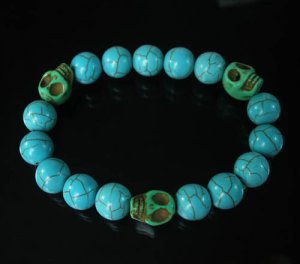 Wholesale 12pcs Turquoise Green Skull Bead Baby Blue Veins Ball Beads Stretch Bracelet ZZ246