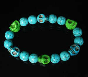 Wholesale 12pcs Turquoise Baby Blue Green Skull Beads Baby Blue Veins Ball Stretch Bracelet ZZ262