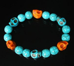 Wholesale 12pcs Turquoise Baby Blue Orange Skull Beads Baby Blue Veins Ball Stretch Bracelet ZZ265