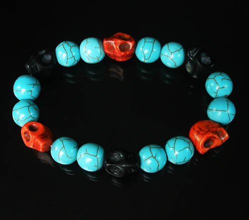Wholesale 12pcs Turquoise Black Red Skull Beads Baby Blue Veins Ball Beads Stretch Bracelet ZZ267