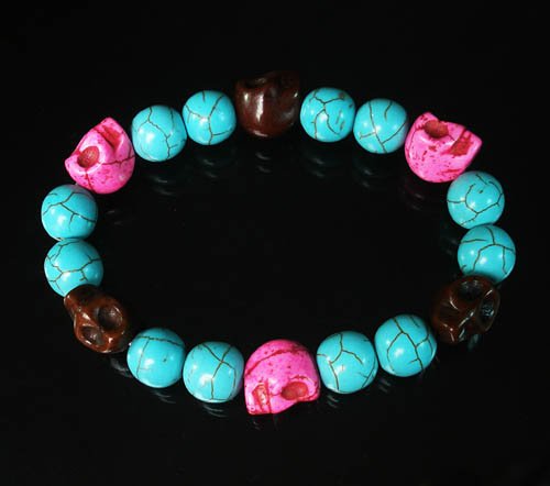 Wholesale 12pcs Turquoise Hot Pink Brown Skull Beads Baby Blue Veins Beads Stretch Bracelet ZZ268