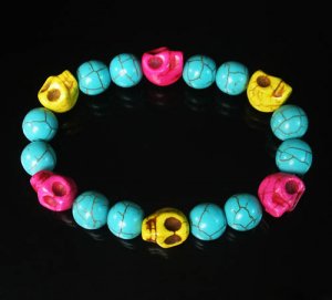 Wholesale 12pcs Turquoise Yellow Hot Pink Skull Beads Baby Blue Veins Beads Stretch Bracelet ZZ270