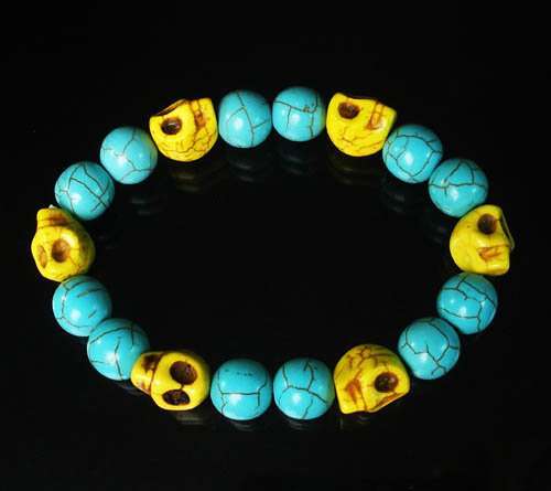 Wholesale 12pcs Turquoise Yellow Skull Beads Baby Blue Veins Ball Beads Stretch Bracelet ZZ275