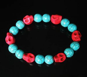 Wholesale 12pcs Turquoise Red Skull Beads Baby Blue Veins Ball Beads Stretch Bracelet ZZ277